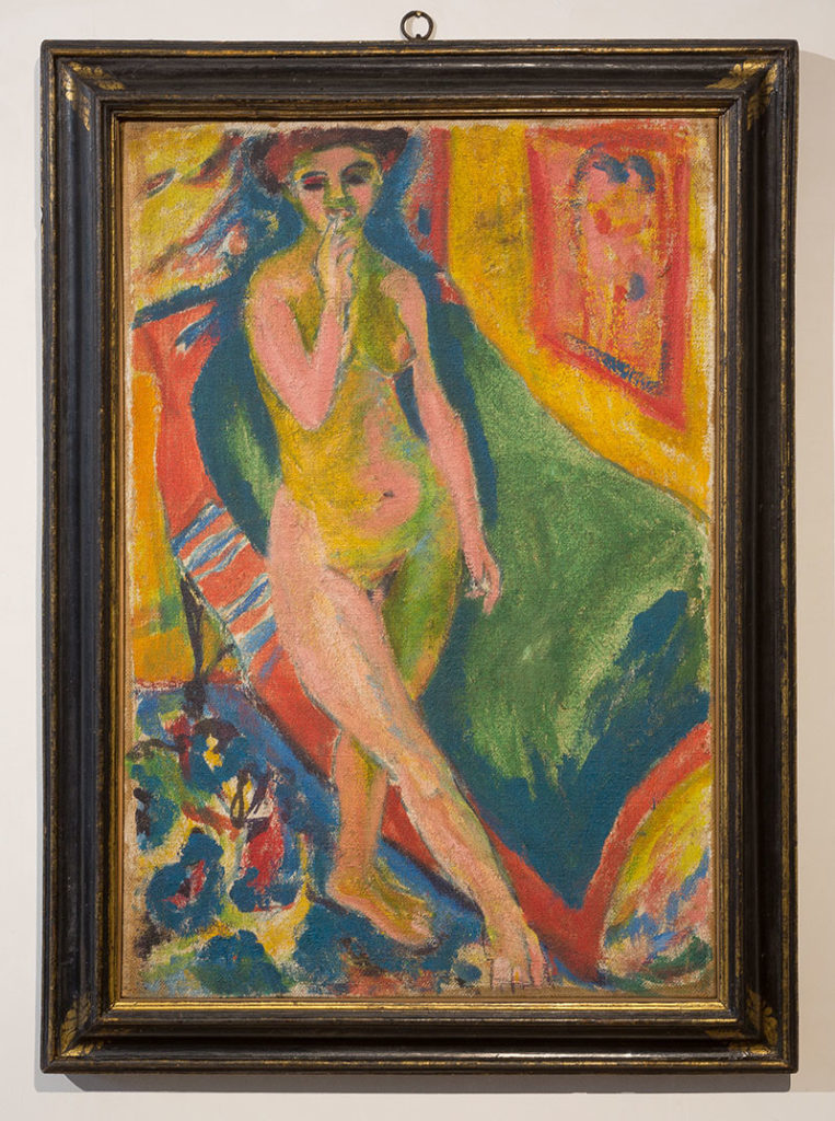 Nacktes Mädchen vor grünem Sofa, 1908